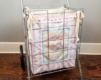 Folding Flea Market Cart with Custom Hand Made Lining with Pink Stipes & Pink Roses