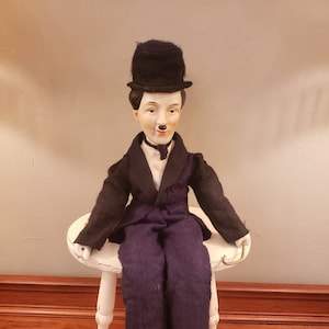 Vintage Collectible Charlie Chaplin 24&quot; Porcelain Doll Cloth Body w/ Cane
