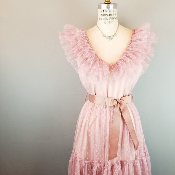 Blush Pink Tulle Polka Dot V Neck Mesh Sleeveless Cocktail Dress Women's Small