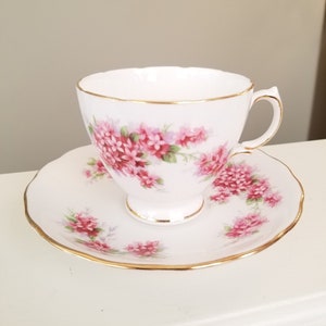 Royal Vale Pink Floral Teacup and Saucer with Gold Trim England Fine Bone China