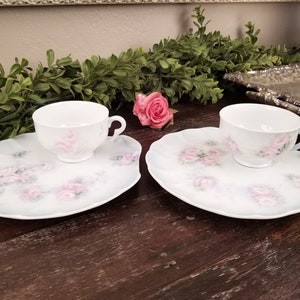 Pair of Vintage Hand Painted Pink Roses Teacups & Snack Plates * 1960&#39;s * MCM