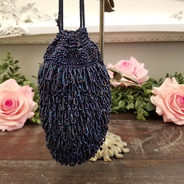 Antique 1920's Flapper Exquisitely Hand Stitched Iridescent Navy Blue Beaded Reticule Wristlet Purse