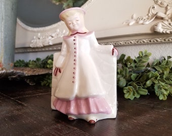 Vintage Little Blonde Girl Figurine Vase / Planter White Jacket Pink Dress & Hat