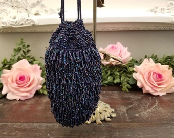 Antike 1920er Flapper Exquisit Hand genähte irisierende marineblaue Perlen Reticule Handgelenk Geldbörse Geldbörse