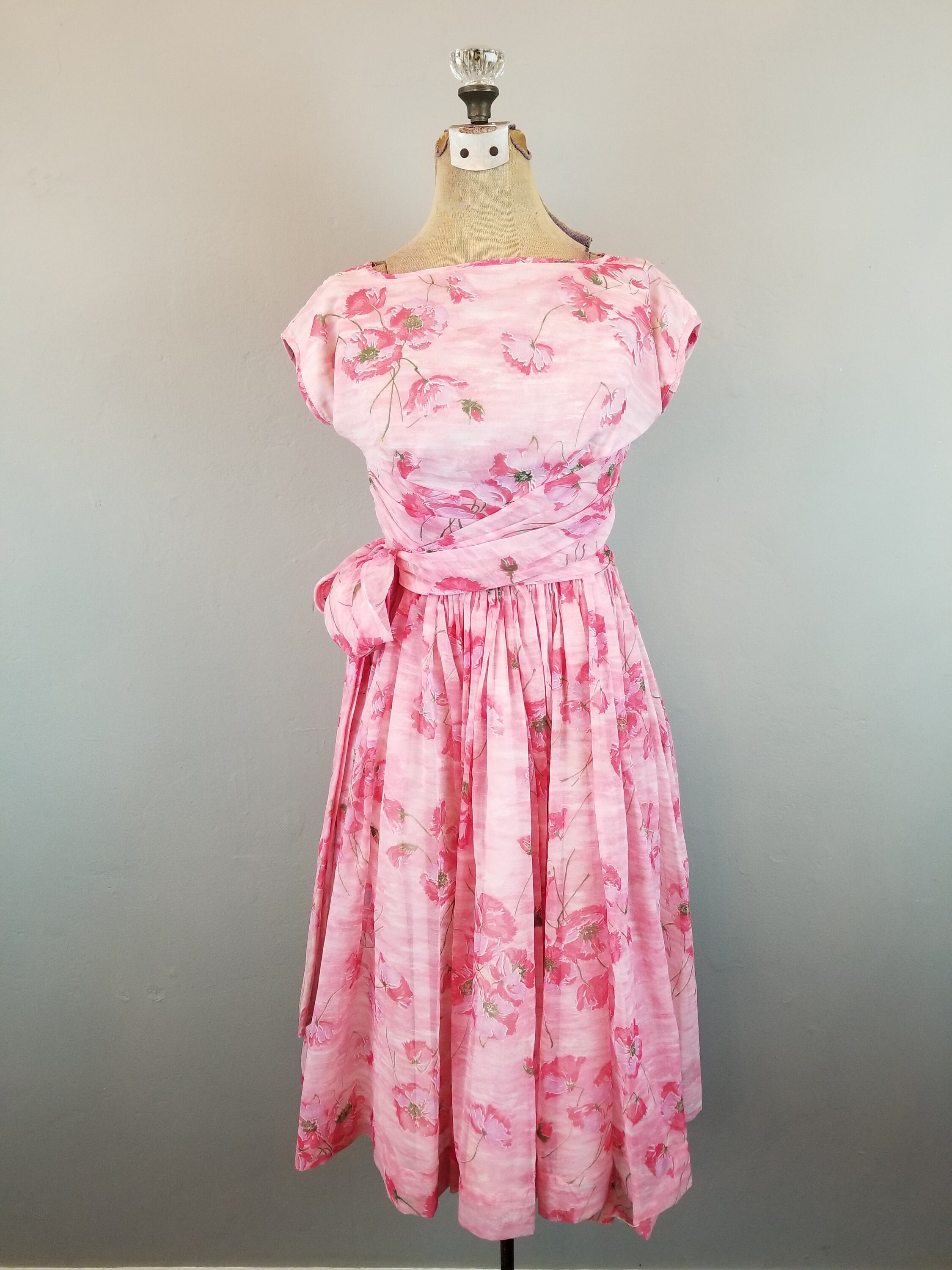 Vintage 1950's Pink Floral Poppy Chiffon Party Dress W