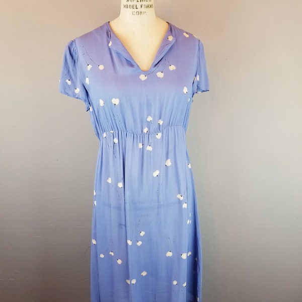 Vintage 1940's Hand Made Sky Blue Printed Day Dress Women's Small / Medium