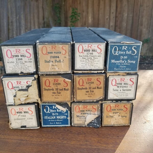 Antique 1920's Player Piano QRS Word Rolls Lot of 12 in Original Boxes