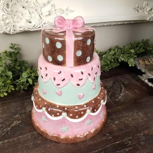 Darling Pink Three Tiered Cake with Sprinkles & Bow Cookie Jar by Lainey Daniels