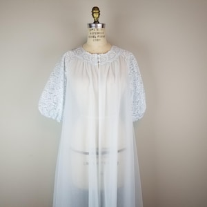 Vestido babydoll vintage de renda azul-claro longo dos anos 1950 com fecho frontal, tamanho 38