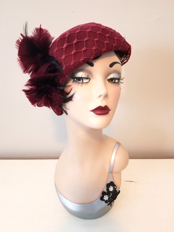 Vintage Burgundy Casque Style Hat with Net Veil O… - image 2