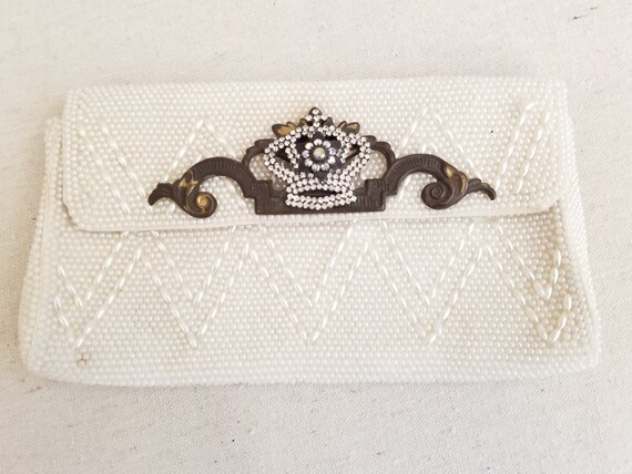 Vintage Ivory Beaded Clutch with Rhinestone Crown… - image 2