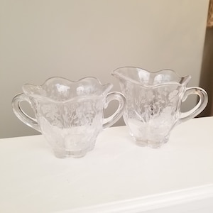 Duncan & Miller Canterbury Line Etched Glass Cream and Sugar Bowl Floral Design