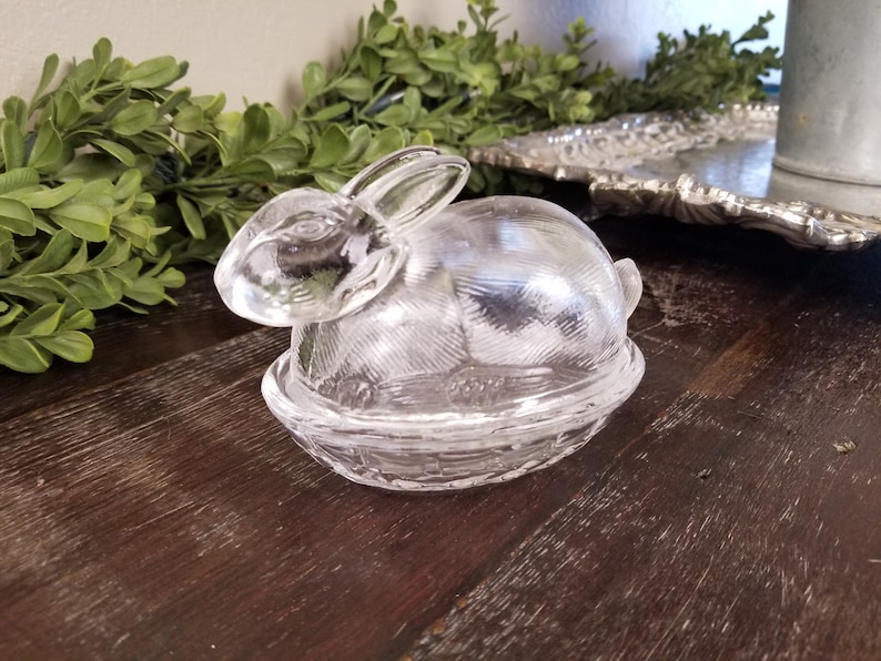 Vintage Clear Glass Bunny on Nest Rabbit on Nest Easter Etsy