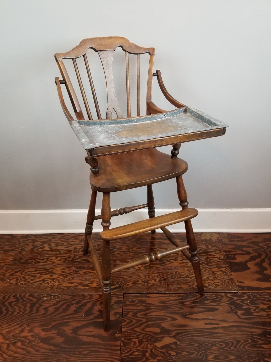 Antique Wood High Chair for Baby With Original Tin Metal Tray Etsy