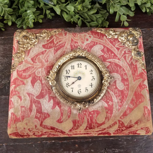 Antique Victorian Era Red Velvet Photograph Album with Clock & Cherubs 1800's