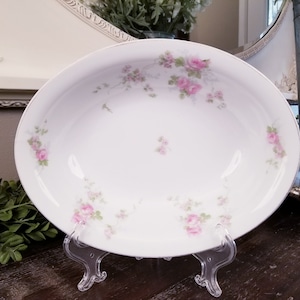 Vintage H & Co Selb Bavaria 10&quot; Porcelain Oval Serving Dish with Delicate Pink Roses