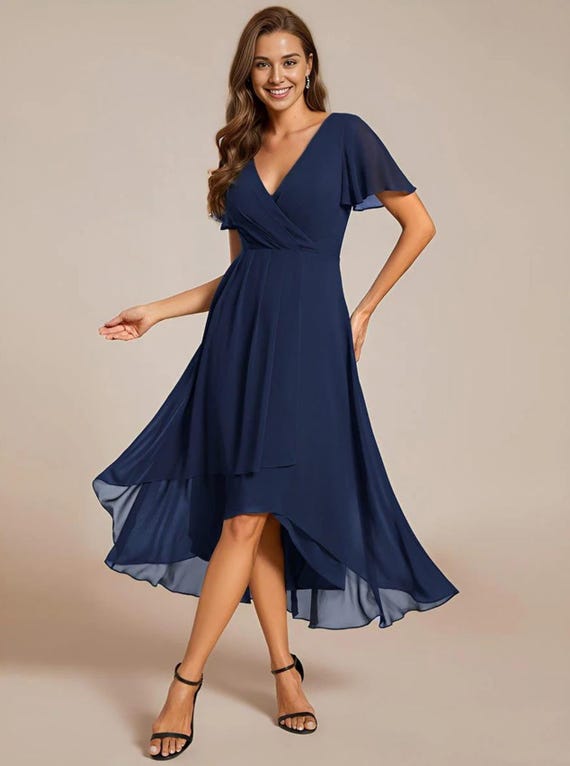 Navy Chiffon Pleated Empire Waist Midi High Low Hem Party Dress * Medium * New