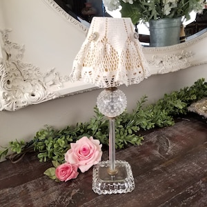 Vintage Glass & Clear Hobnail Table Lamp with Hand Made Lace Shade