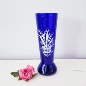 Antique Tall Cobalt Blue Hand Blown Glass Vase Decorated with Florals