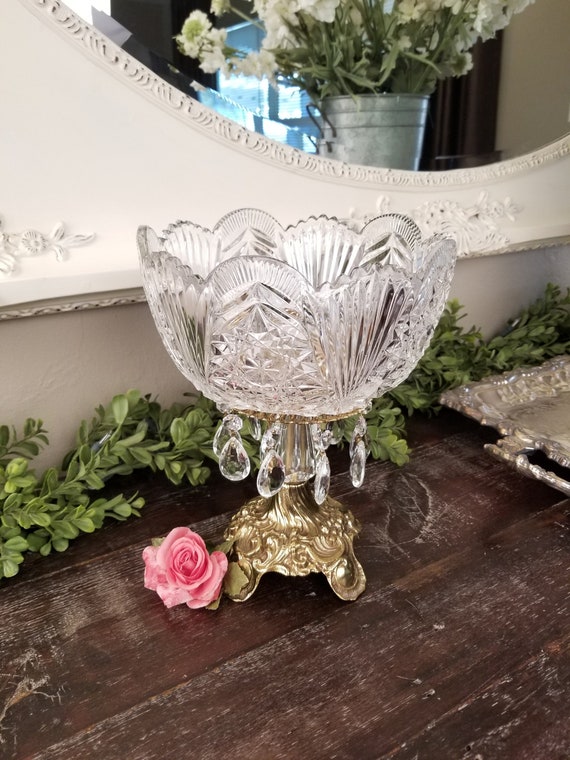 Antique Large Cut Crystal Bowl on Pedestal With Ornate Brass & Etsy