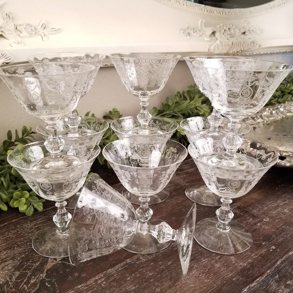 Vintage Rare Set of 11 Fostoria Arcady Pattern Footed Low Sherbet 4 1/2" Crystal Glasses