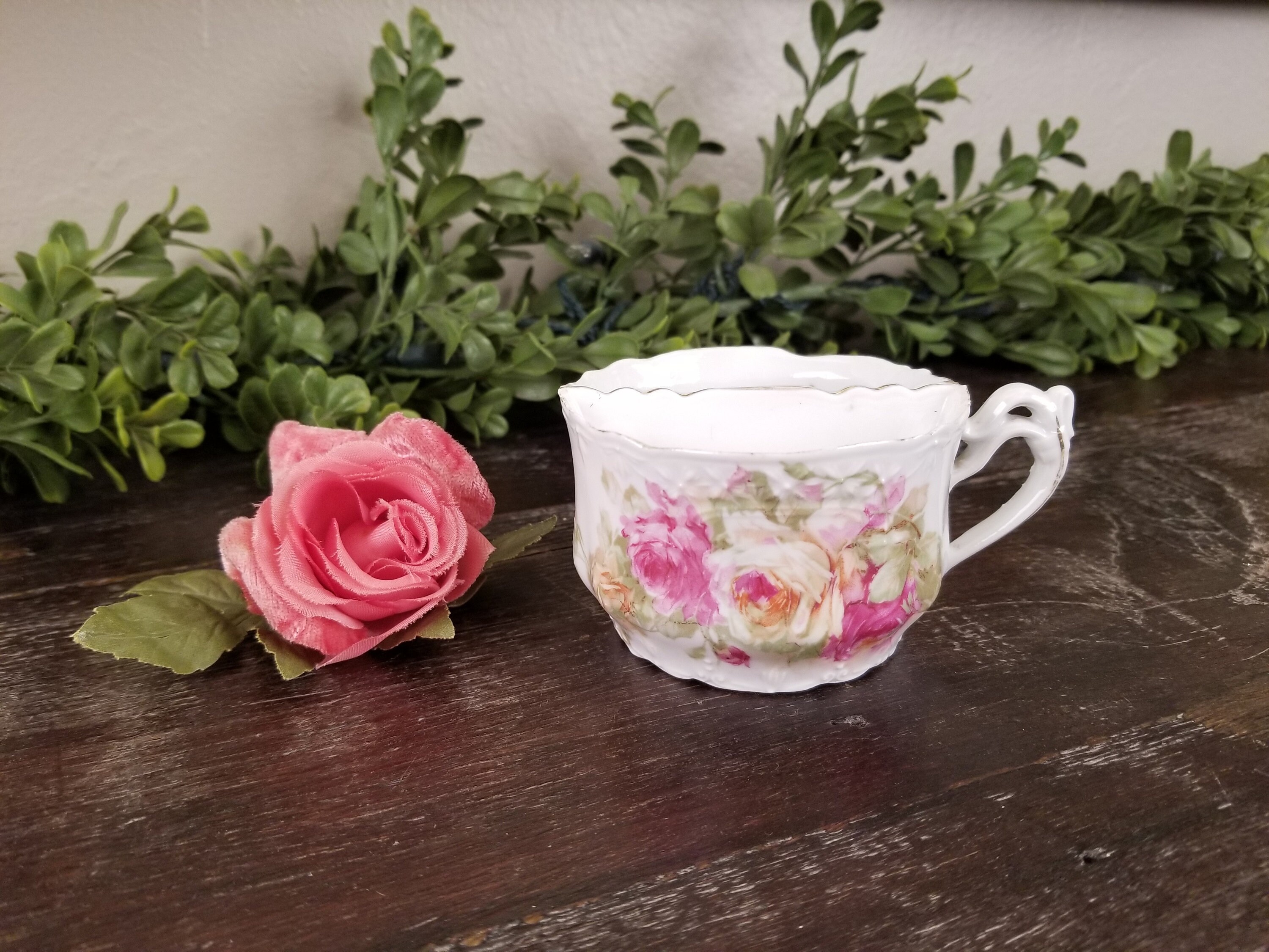 Antique Porcelain Ornate Ladies Shaving Mug with Pink Roses & Gilding