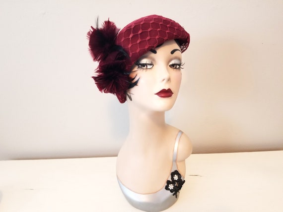 Vintage Burgundy Casque Style Hat with Net Veil O… - image 1