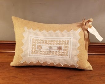 Vintage Style Handmade Feather Pillow with Lace, Ticking Stripe, Burlap & Mother of Pearl Buttons