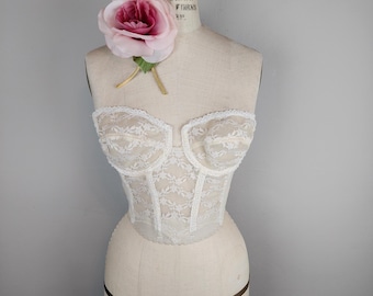 Vintage 1970's Romantic Cream Floral Lace Strapless Low Back Bustier Boning 34C