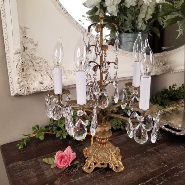 Gorgeous Vintage Italian Five Light Gilt Candelabra Girandole Table Light Lamp with Crystals