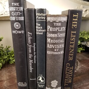 May include: A stack of six black hardcover books with gold lettering. The titles include "The Amateur Gun-Craftsman", "Echoes from the Macabre", "The Black Stallion's Ghost", "The People's Common Sense Medical Adviser", and "The Listener".