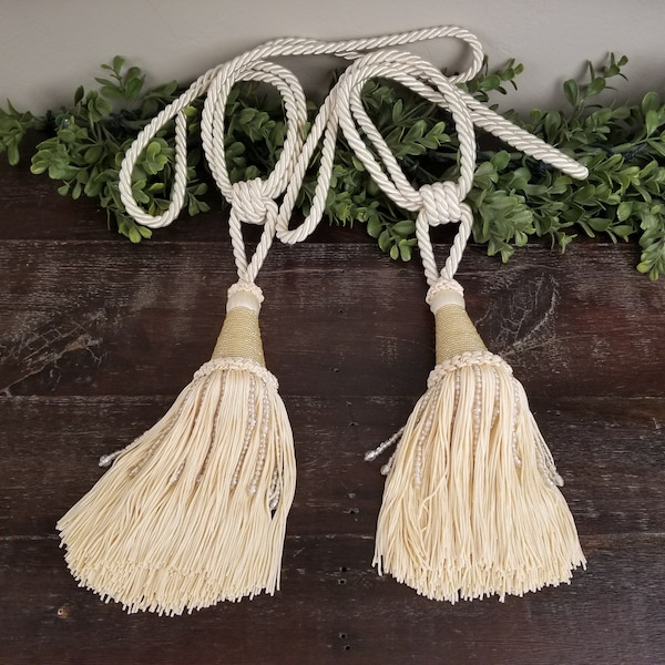 Elegant Pair of Large 10"+ Beaded Ivory Cream Drapery Tassels Braided Rope