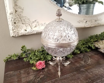 Vintage Hollywood Regency Italian Crystal & Silver Plated Globe Cocktail Server with Figural Dolphins