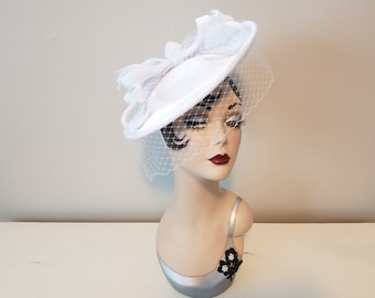 Vintage Style Bridal White Velvet Fascinator Hat with Bow, Feathers & Blusher Veil
