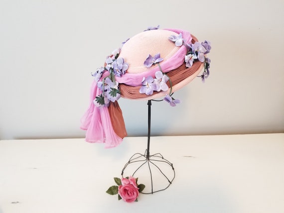 Vintage Lilly Dache Woven Hat with Lavender Flowe… - image 1