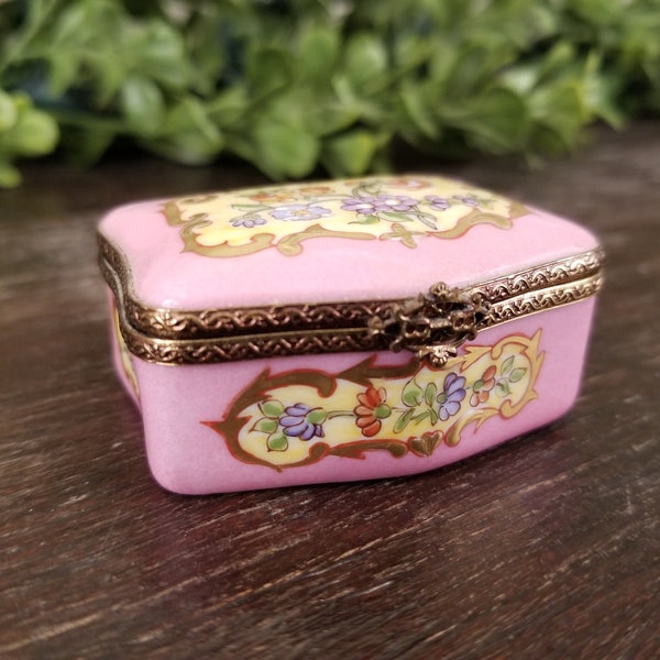 Vintage Limoges Pink Floral Hand Painted Floral Trinket Box with Certificate of Authenticity