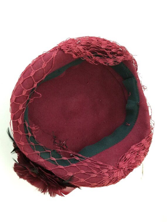 Vintage Burgundy Casque Style Hat with Net Veil O… - image 7