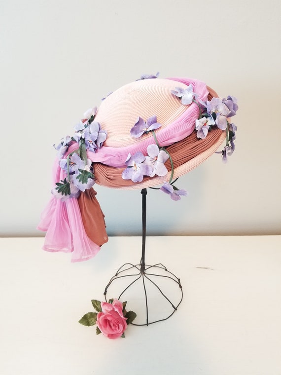 Vintage Lilly Dache Woven Hat with Lavender Flowe… - image 2