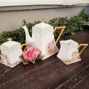 Antique Limoges French 3 Piece Teapot Creamer Sugar Bowl Hand Painted Pink Roses & Gilding