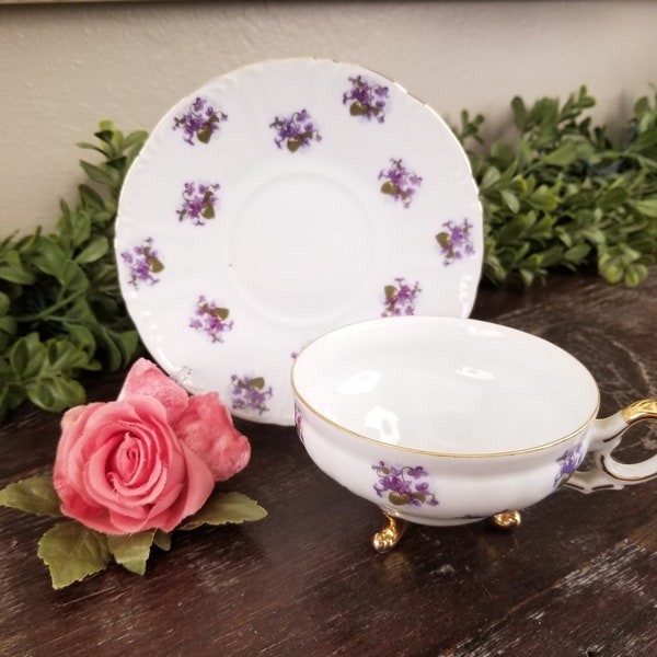 Vintage HB Japan Gilded Violets Footed Teacup & Saucer