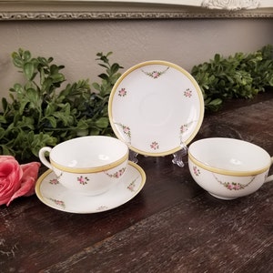 Vintage Paar Noritake Morimura Demitasse Rosa Rosengirlanden mit Gelben Teetassen und Untertassen