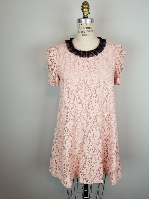 Vintage Style Pink Lace A Line Shift Dress w/ Net Covered Black Beaded Neckline