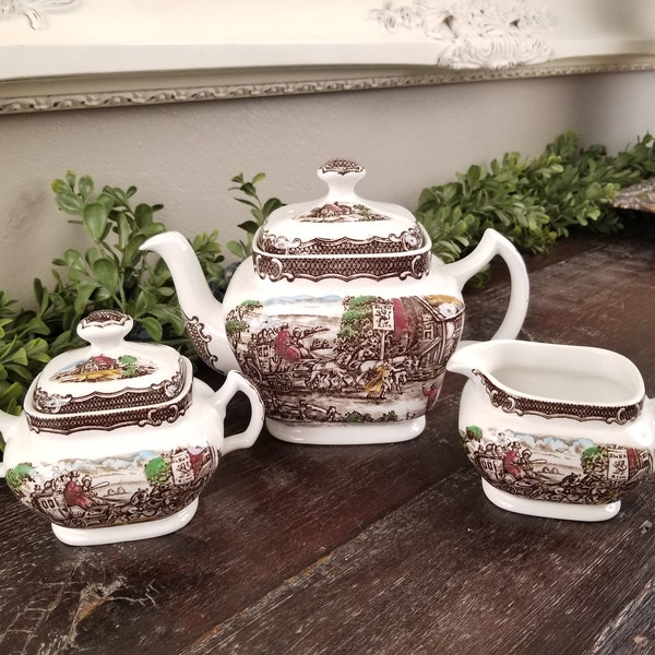 Vintage Woods & Sons The Post House Englisch Landschaft Braun Transferware Teekanne Set