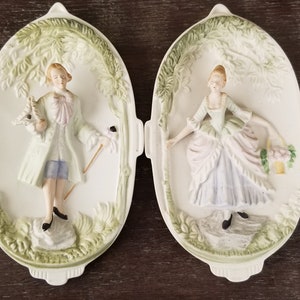 Vintage Pair of Chase Hand Painted Bisque Dimensional Victorian Couple Wall Plaques