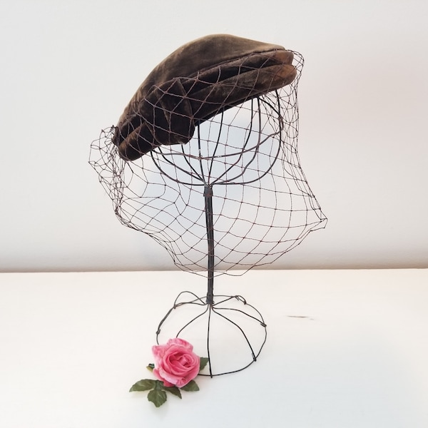 Vintage Chocolate Brown Velvet Cocktail Hat with Blusher Veil c. 1940's