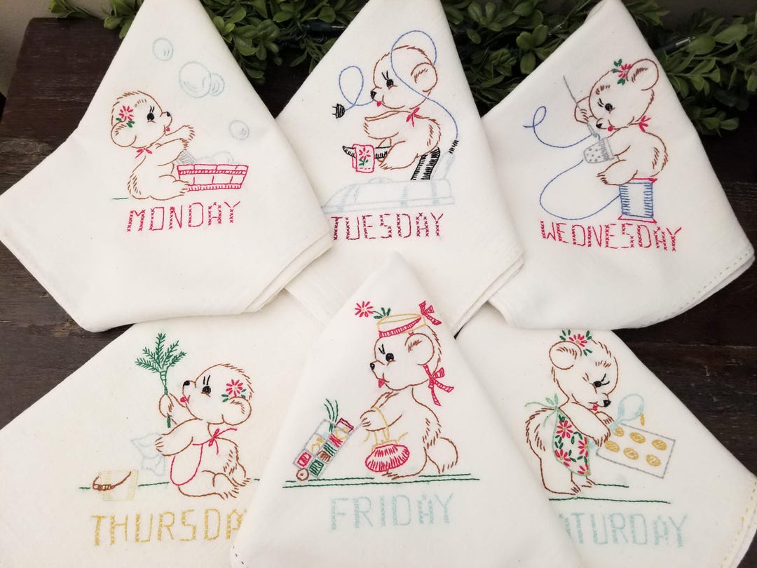 Vintage 1940's Hand Embroidered Bears Set of Six Days of the Week Flour ...