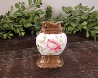 Vintage Evans Table Lighter Pink Rose Floral Body with Brass Base