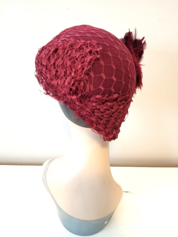 Vintage Burgundy Casque Style Hat with Net Veil O… - image 4