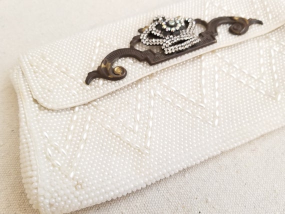 Vintage Ivory Beaded Clutch with Rhinestone Crown… - image 3