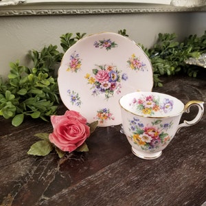 Vintage Crown Staffordshire Pink Teacup & Saucer w/ Flowers * Made in England